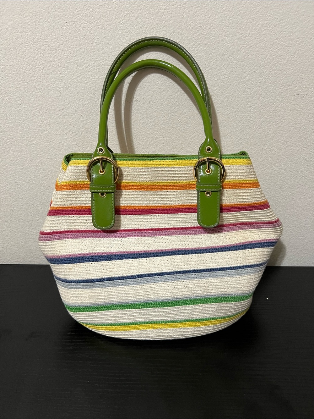 Minicci Rainbow Striped Woven Tote Bucket Bag with Green Patent Trim - Like New